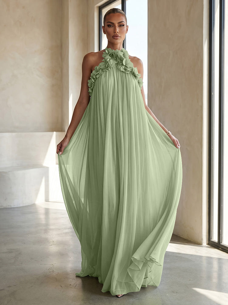 Chiffon A-Line Halter Formal Dresses with 3D Flowers