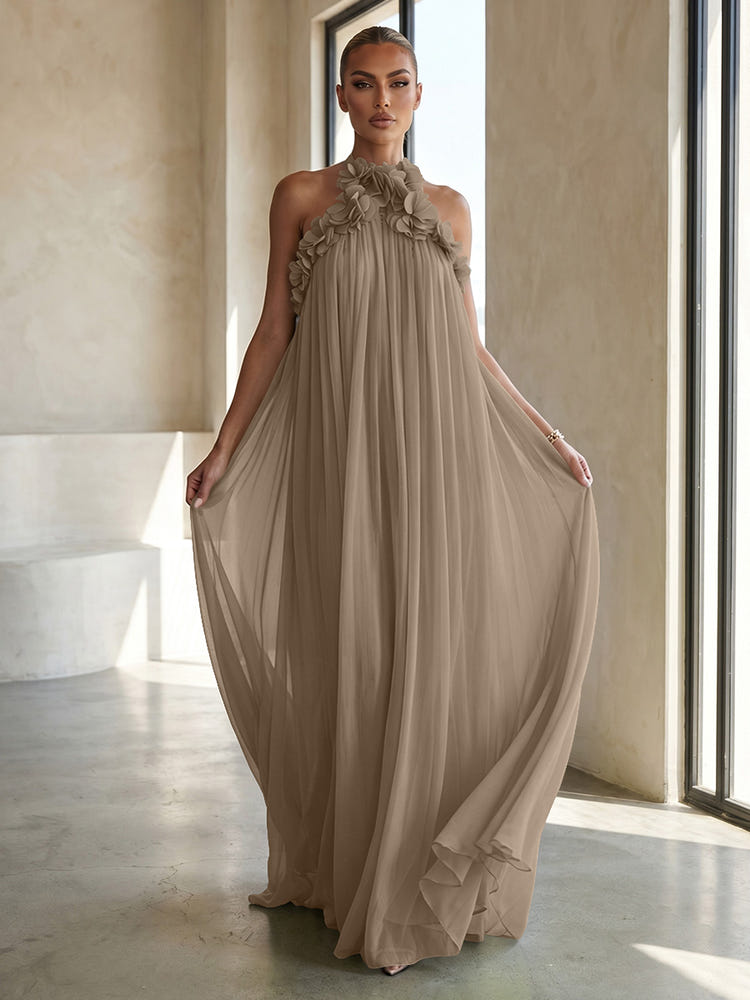 Chiffon A-Line Halter Formal Dresses with 3D Flowers