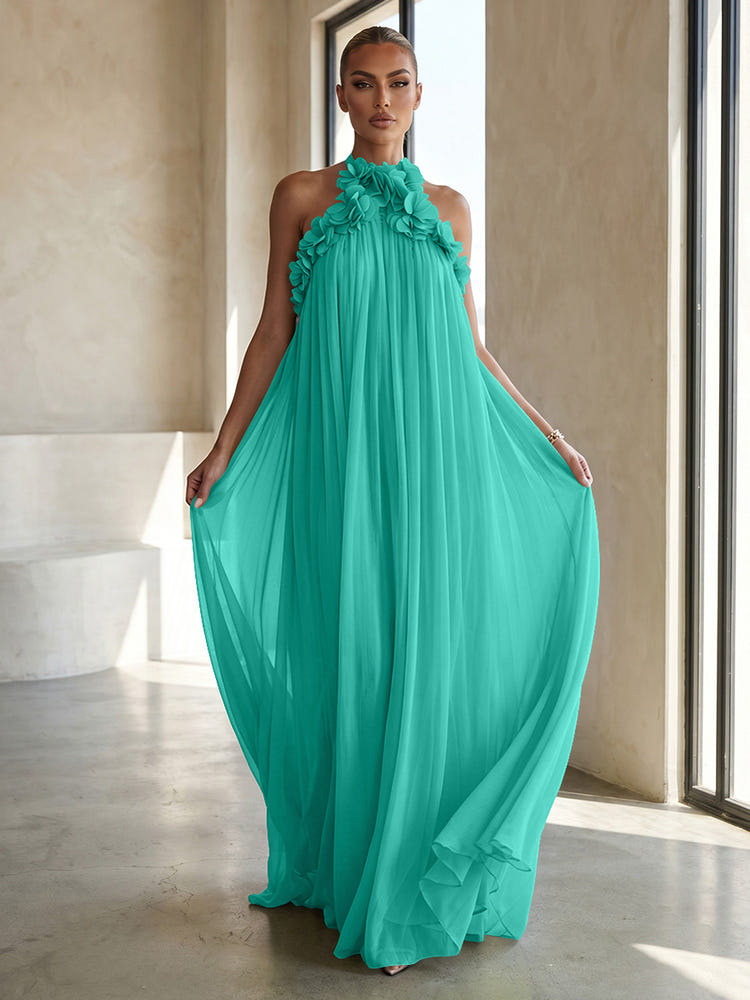 Chiffon A-Line Halter Formal Dresses with 3D Flowers