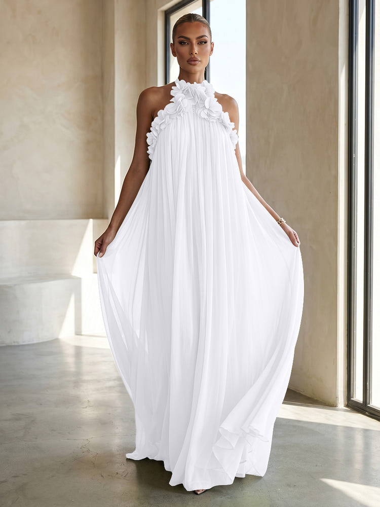 Chiffon A-Line Halter Formal Dresses with 3D Flowers