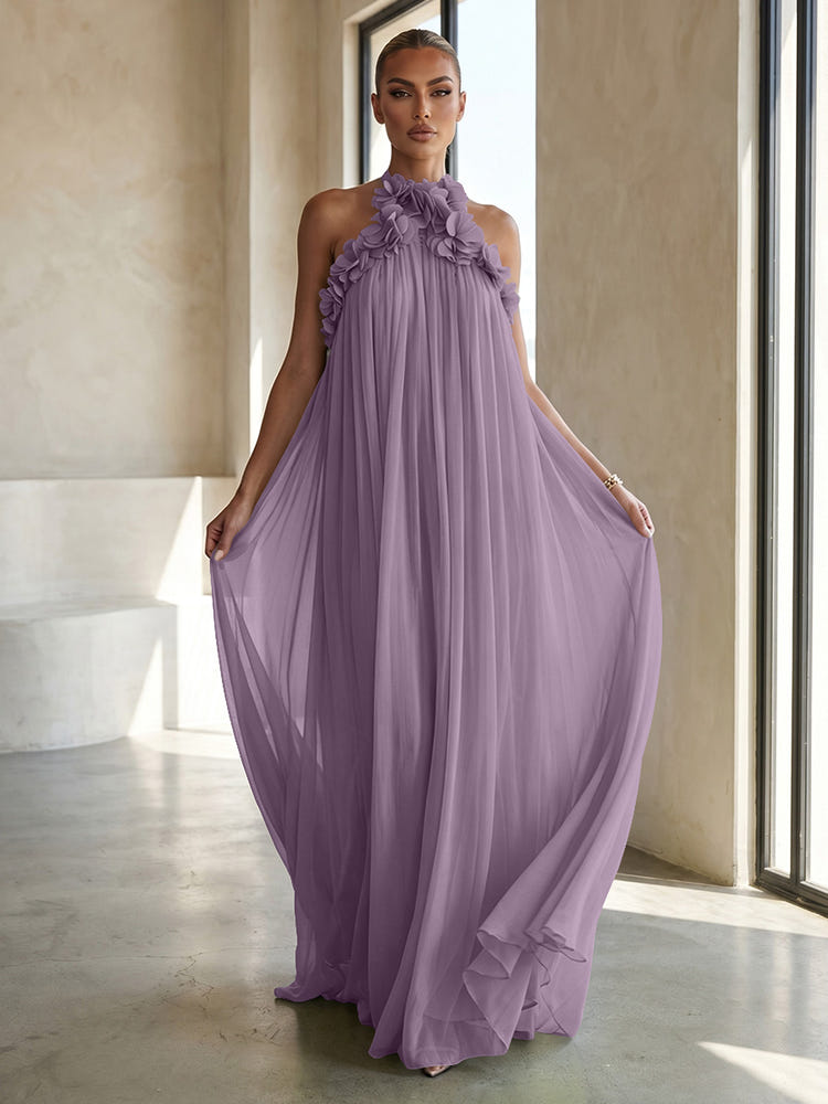 Chiffon A-Line Halter Formal Dresses with 3D Flowers