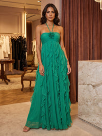 Chiffon A-Line Halter Formal Dresses with 3D Flowers