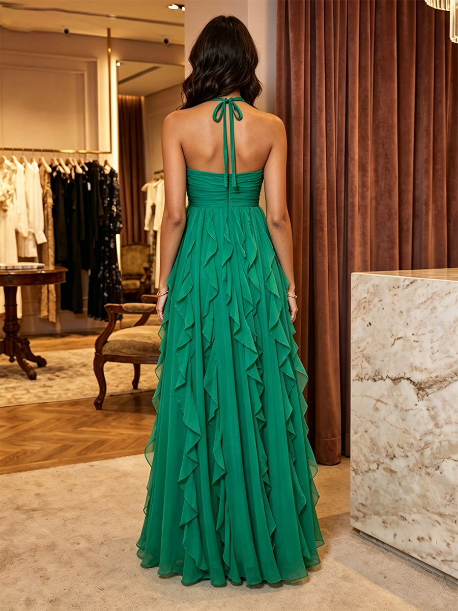 Chiffon A-Line Halter Formal Dresses with 3D Flowers