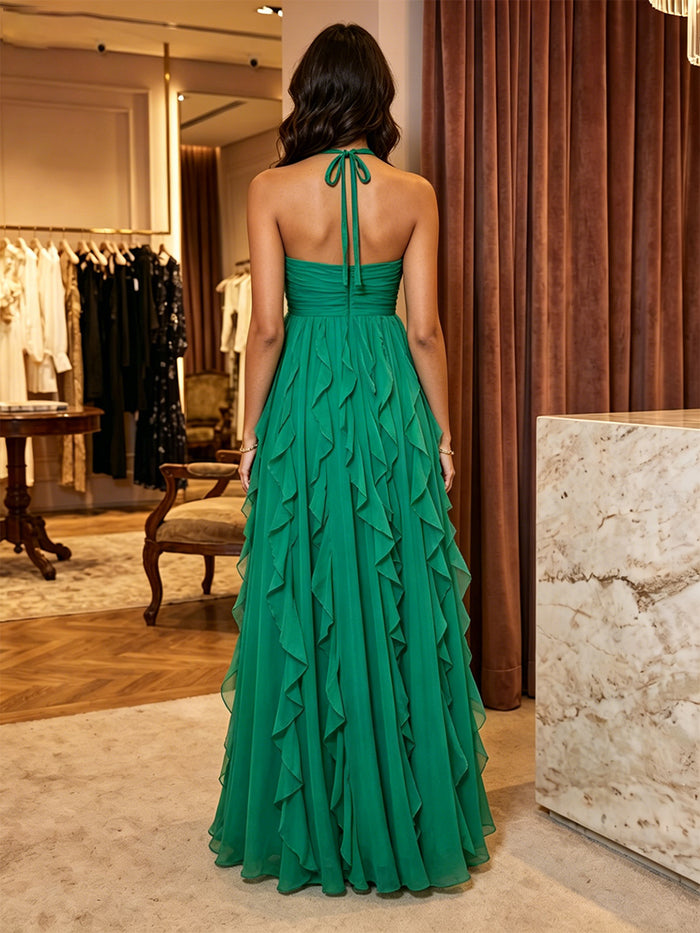 Chiffon A-Line Halter Formal Dresses with 3D Flowers