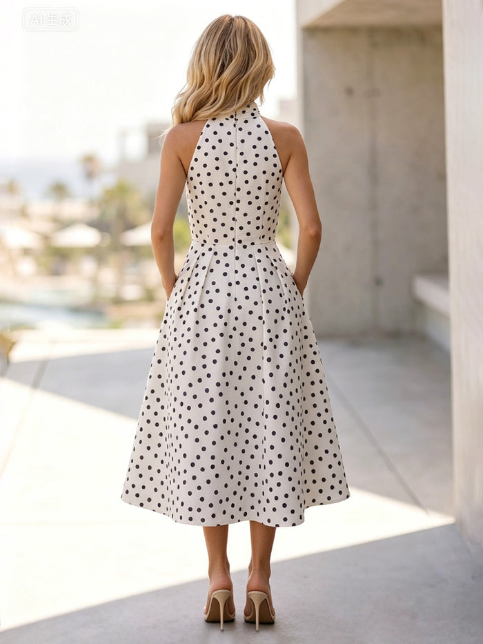 Satin A-Line Halter Polka Dot Formal Dresses