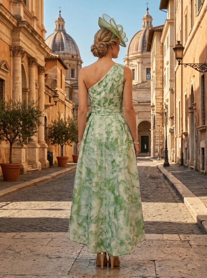 Jacquard High Low One Shoulder Formal Dresses with Bow