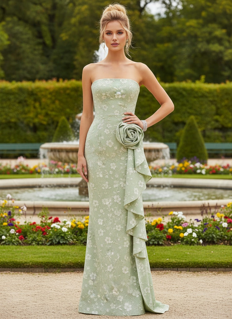 Jacquard Mermaid Strapless Formal Dresses with 3D Flowers