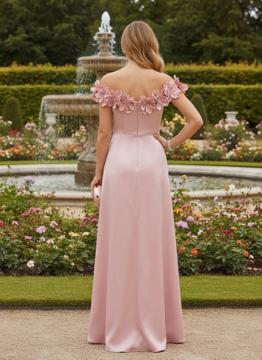 Satin A-Line Off the Shoulder Formal Dresses with 3D Flowers