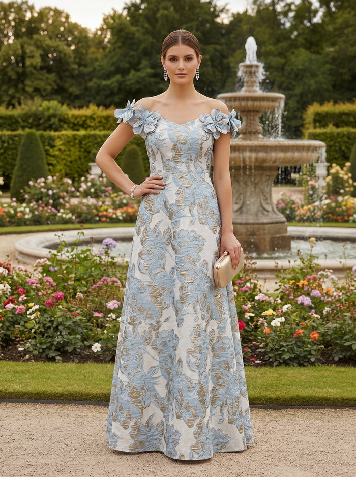 Jacquard A-Line Off the Shoulder Formal Dresses with 3D Flowers