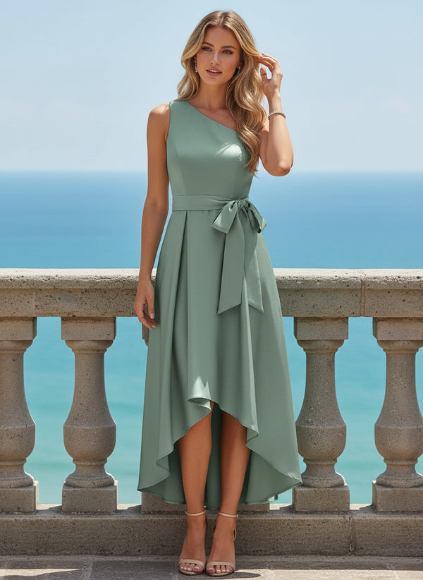 Satin High Low One Shoulder Formal Dresses with Bow