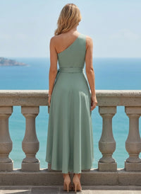 Satin High Low One Shoulder Formal Dresses with Bow