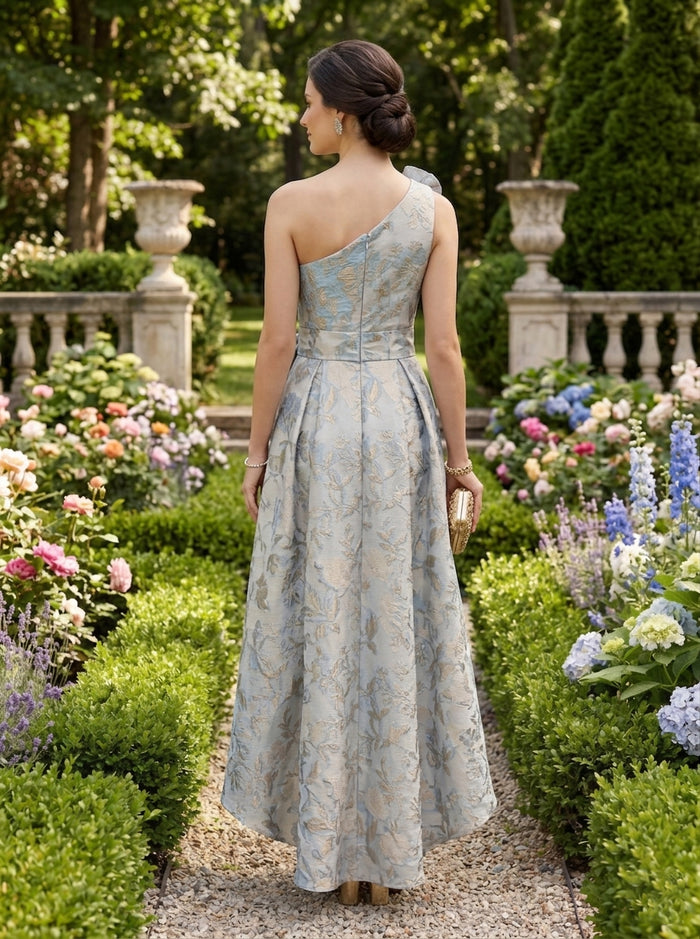 Jacquard High Low One Shoulder Mother of the Bride Dresses with 3D Flowers