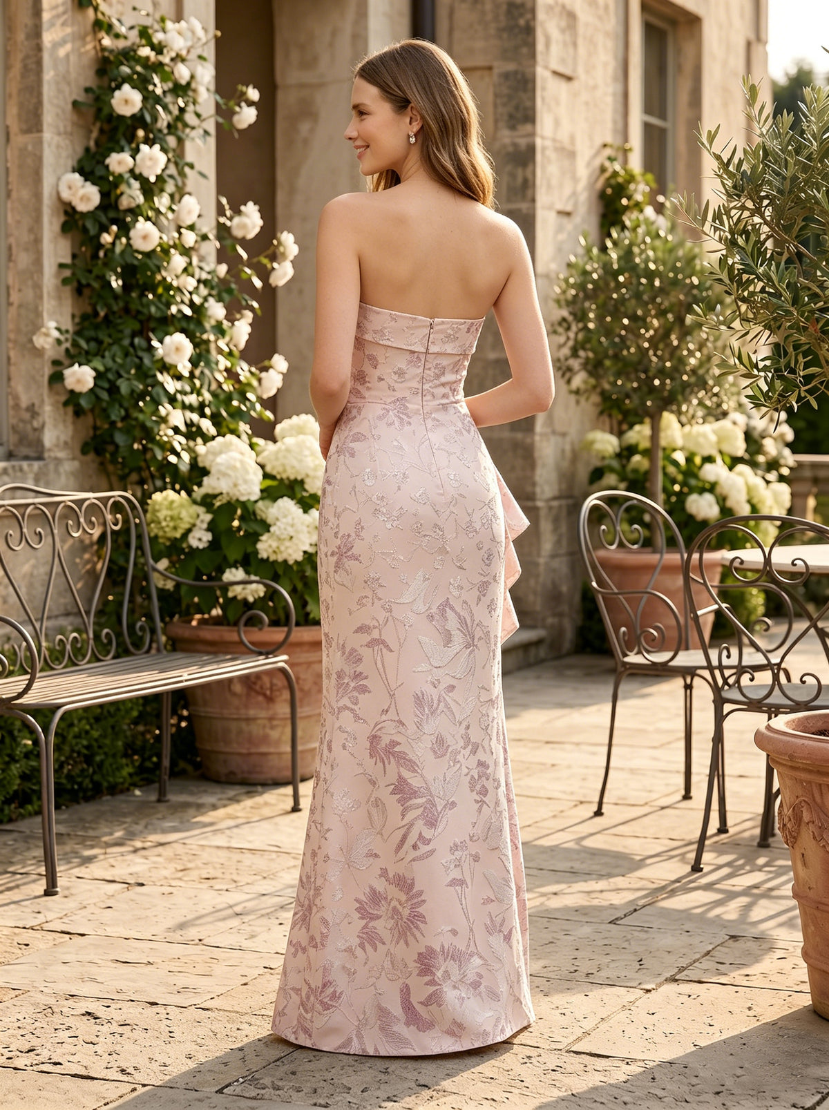 Jacquard Mermaid Strapless Formal Dresses with Ruffles