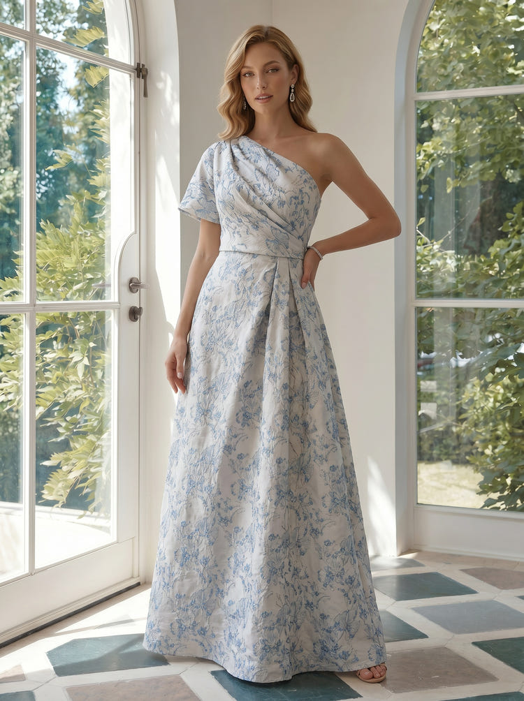 Jacquard A-Line One Shoulder Pleated Formal Dresses