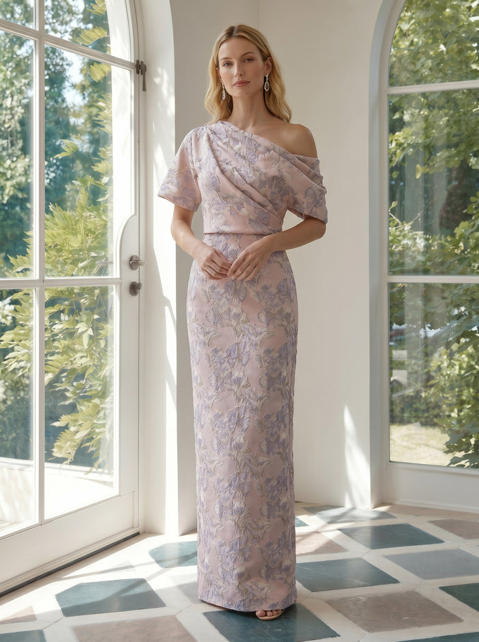 Jacquard Sheath One Shoulder Pleated Formal Dresses
