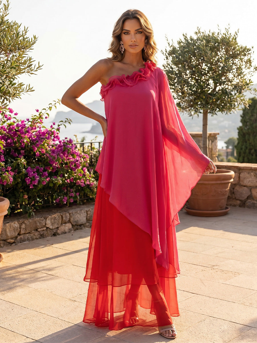 Chiffon A-Line One Shoulder Formal Dresses with Ruffles