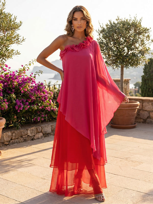 Chiffon A-Line One Shoulder Formal Dresses with Ruffles