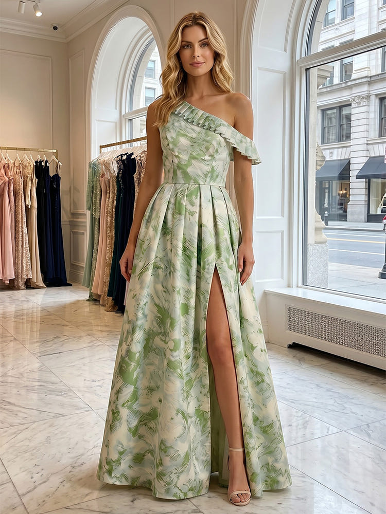 Jacquard A-Line One Shoulder Formal Dresses with Side Slit