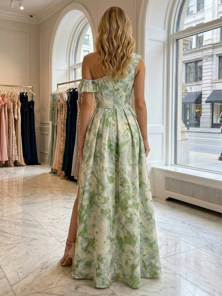 Jacquard A-Line One Shoulder Formal Dresses with Side Slit