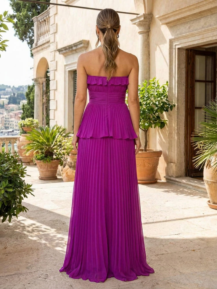 Purple Formal Evening Pleated Chiffon Strapless Tiered Ruffle Floor Length Maxi Gown Women Mediterranean Wedding Guest Dress