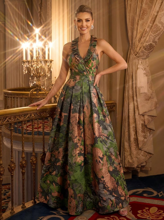 Jacquard A-Line V Neck Pleated Formal Dresses
