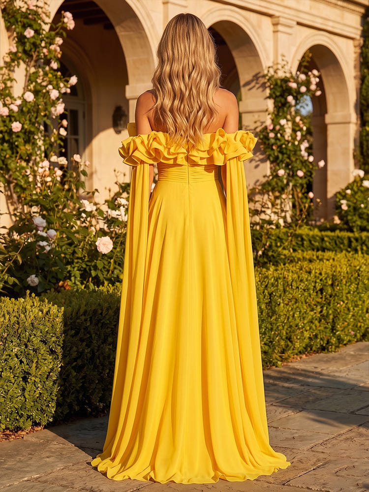 Chiffon A-Line Off the Shoulder Formal Dresses with Ruffles