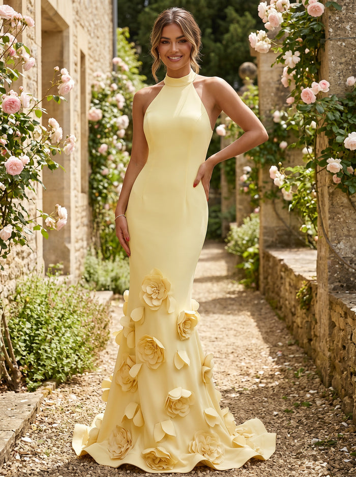 Jersey Mermaid Halter 3D Flowers Formal Dresses