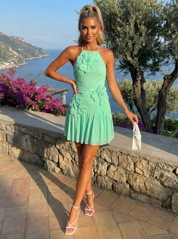 Mini A-Line Halter Pleated Formal Dresses with 3D Flowers
