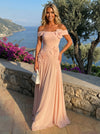 Chiffon A-Line Off the Shoulder Pleated Formal Dresses with 3D Flowers