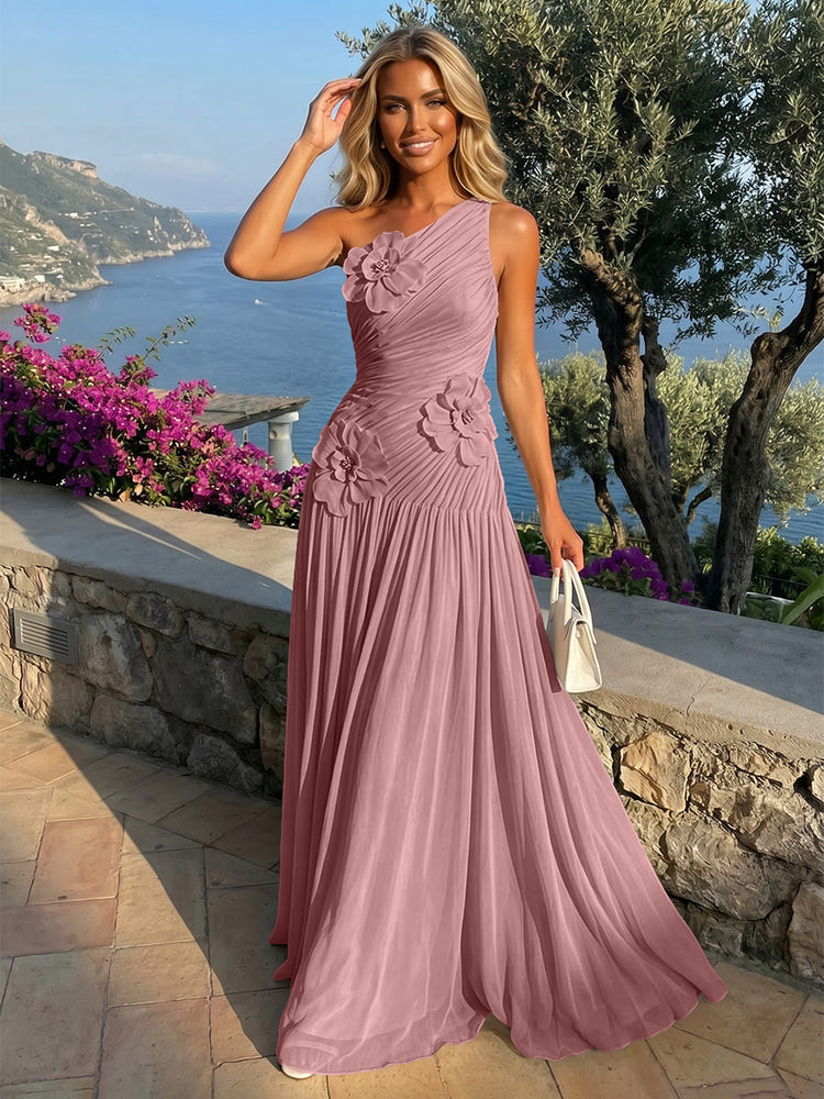 Chiffon One Shoulder Pleated Formal Dresses with 3D Flowers