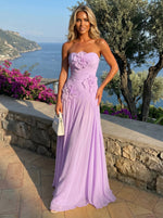 Chiffon Strapless Pleated Formal Dresses with 3D Flowers