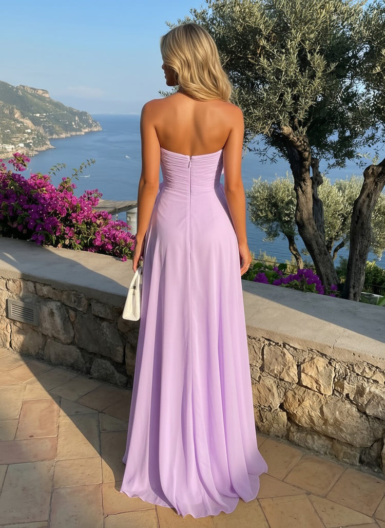 Chiffon Strapless Pleated Formal Dresses with 3D Flowers