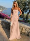 Chiffon Strapless Pleated Formal Dresses with 3D Flowers