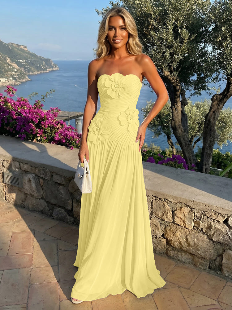 Chiffon Strapless Pleated Formal Dresses with 3D Flowers