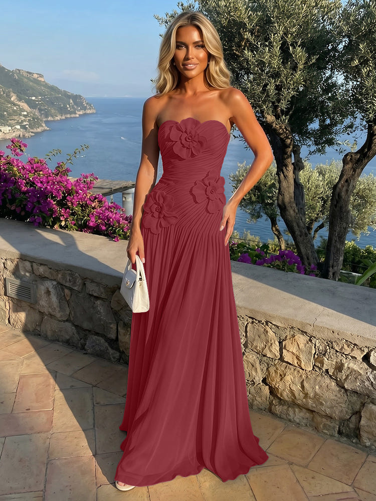 Chiffon Strapless Pleated Formal Dresses with 3D Flowers