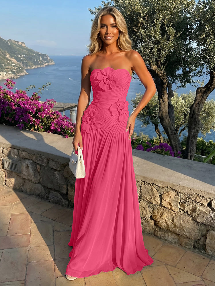 Chiffon Strapless Pleated Formal Dresses with 3D Flowers