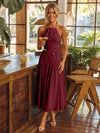 Tea Length Chiffon A-Line Halter Pleated Cocktail Dresses with 3D Flowers