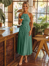Tea Length Chiffon A-Line Halter Pleated Cocktail Dresses with 3D Flowers