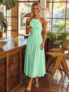 Tea Length Chiffon A-Line Halter Pleated Cocktail Dresses with 3D Flowers