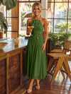 Tea Length Chiffon A-Line Halter Pleated Cocktail Dresses with 3D Flowers