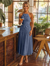 Tea Length Chiffon A-Line Halter Pleated Cocktail Dresses with 3D Flowers