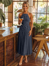 Tea Length Chiffon A-Line Halter Pleated Cocktail Dresses with 3D Flowers
