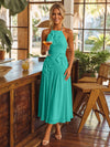 Tea Length Chiffon A-Line Halter Pleated Cocktail Dresses with 3D Flowers