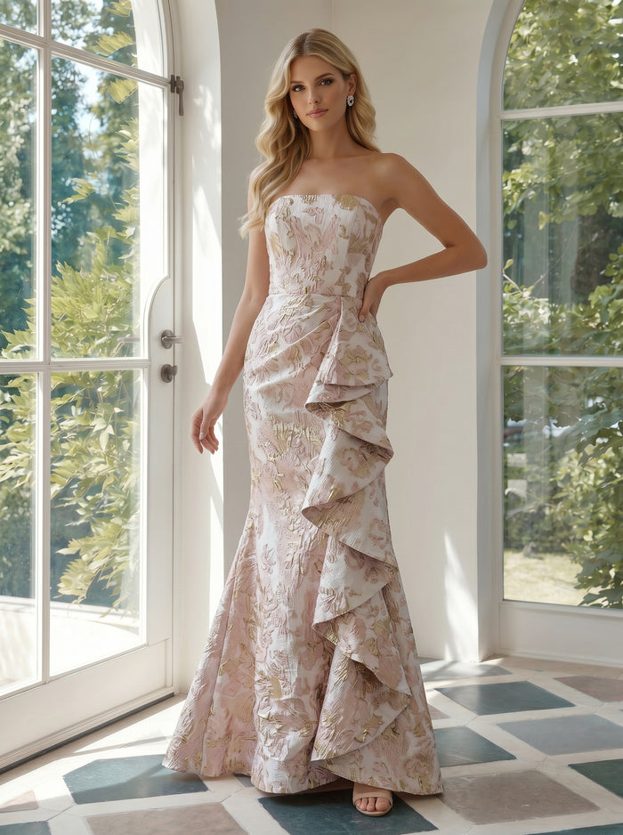 Jacquard Mermaid Strapless Formal Dresses with Ruffles