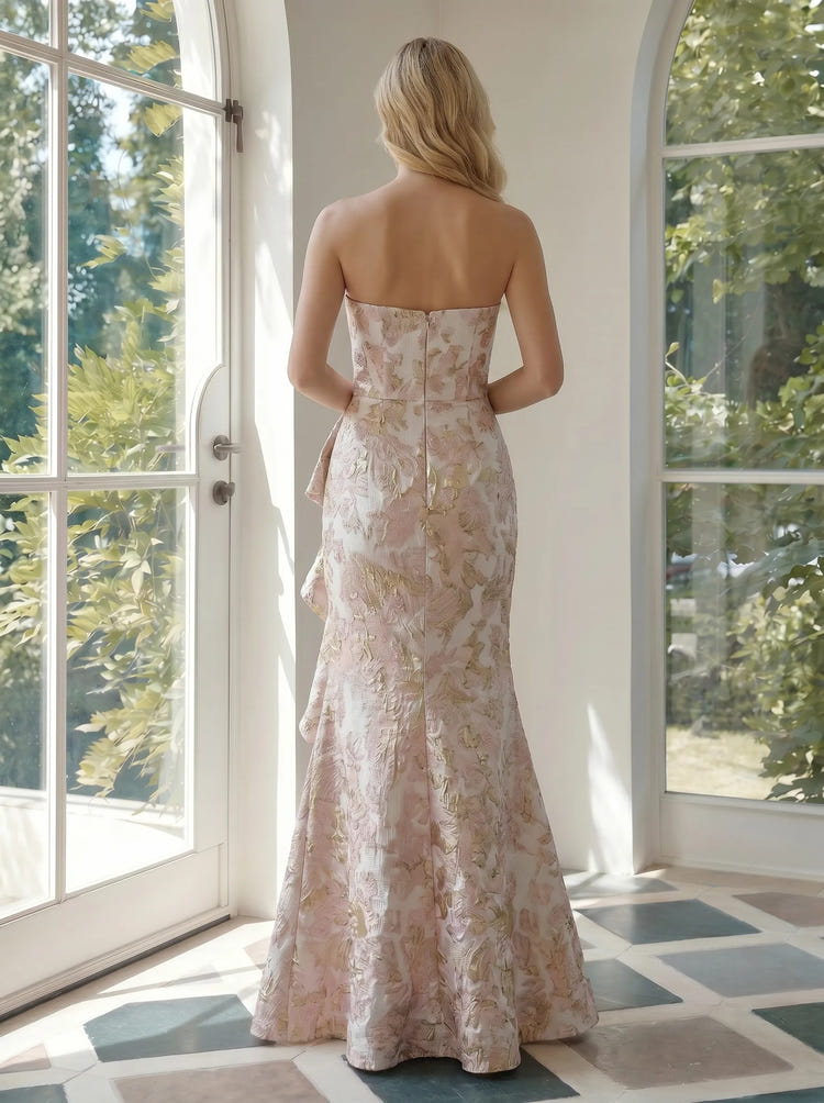 Jacquard Mermaid Strapless Formal Dresses with Ruffles