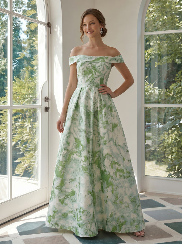 Jacquard A-Line Off the Shoulder Pleated Formal Dresses