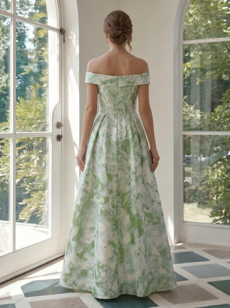Jacquard A-Line Off the Shoulder Pleated Formal Dresses
