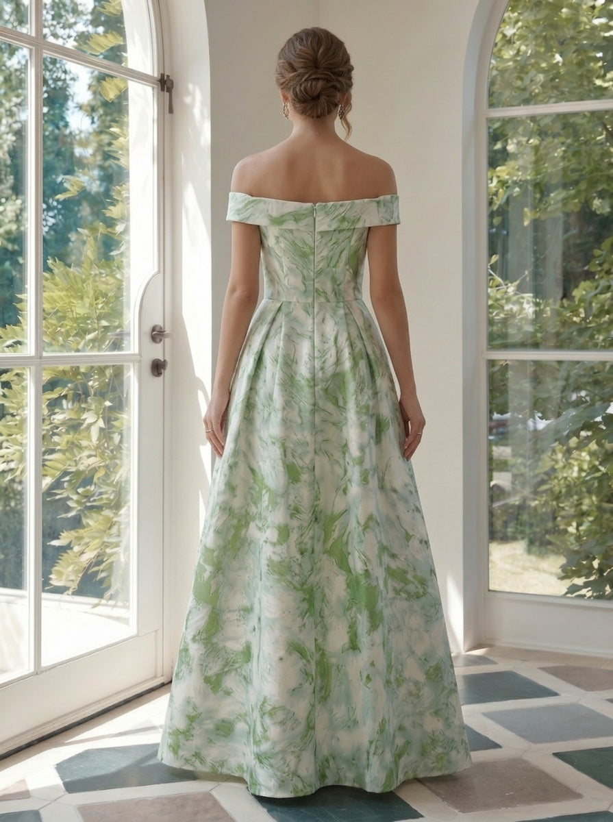 Jacquard A-Line Off the Shoulder Pleated Formal Dresses