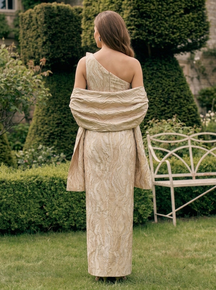 Jacquard Sheath One Shoulder Formal Dresses with Shawl