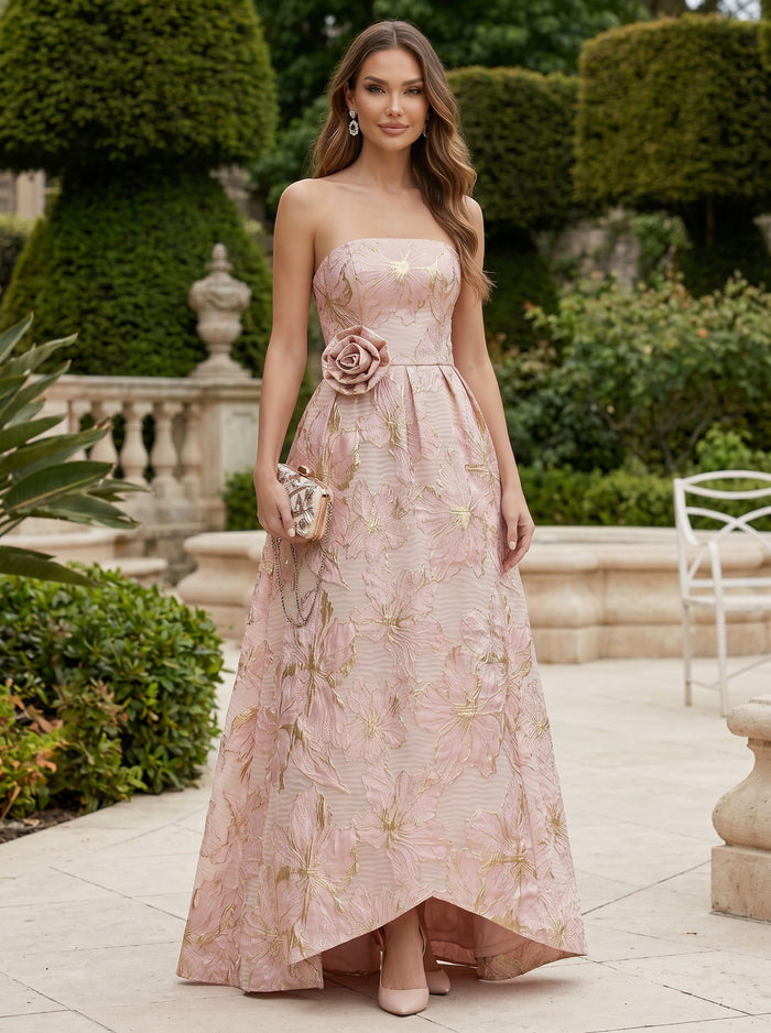 Jacquard A-Line Strapless Formal Dresses with 3D Flowers